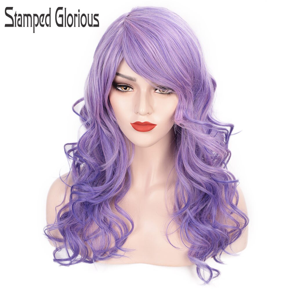 Stamped Glorious Purple Wave Wig With Bangs Synthetic Women's Wigs High Temperature Heat Resistant Fiber Cosplay Wig